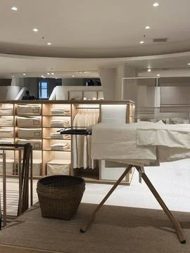 A chic retail space showcasing minimalist decor and a neutral color palette f Stock Photos