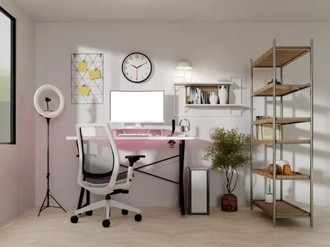 Chic streaming room design with white tones and sleek furnishings. 3D render Illustrazione stock