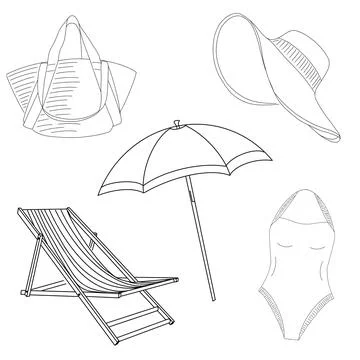 Chic summer accessories: beach bag, hat, umbrella, chair, and swimsuit on w.. Illustrazione stock
