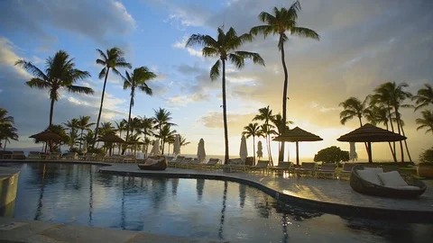 Chic swimming pool with umbrellas and sunbeds among palms of resort montage Stock Footage 101113537