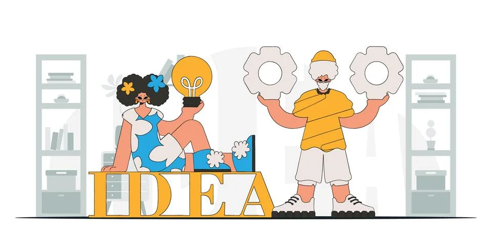 A chic team solves problems and generates ideas. Light bulb and gears in th.. Stock Illustration