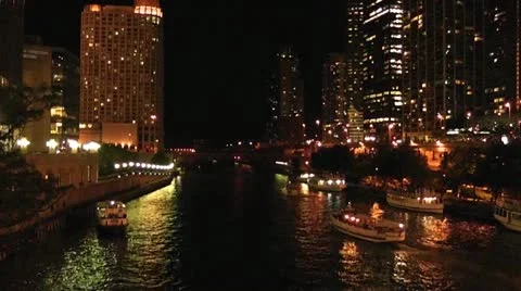 CHICAGO-0689 NIGHT RIVER SCENE - LONG CLIP Stock Footage 10808208