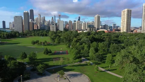 Chicago aerial crane skyline over park- Stock Footage