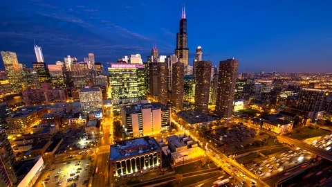 Chicago - Blue Hour Over Freeway with City - 4K Timelapse Stock Footage 92105741