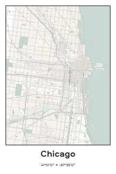 Chicago Center, Illinois - vector map of city in Pastel, Gray, White, Green colo Stock-Illustration
