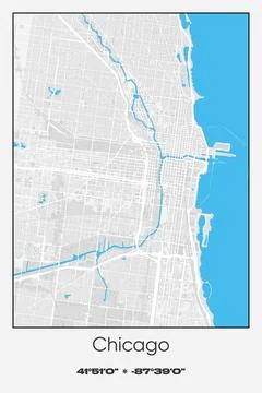 Chicago Center, Illinois - vector map of city in Gray, white, blue colors Stock Illustration