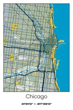 Chicago Center, Illinois - vector map of city in Blue, Gray, Yellow, Olive color Stock Illustration