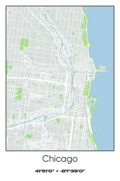 Chicago Center, Illinois - vector map of city in Gray, white, green, blue colors Stock Illustration