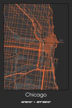 Chicago Center, Illinois - vector map of city in Gray, Black, Orange colors Stock Illustration