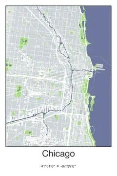 Chicago Center, Illinois - vector map of city in Gray, Blue, Green, White colors Stock Illustration