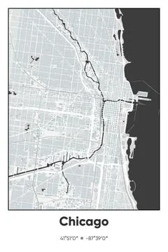 Chicago Center, Illinois - vector map of city in Gray, Black, White colors Stock Illustration