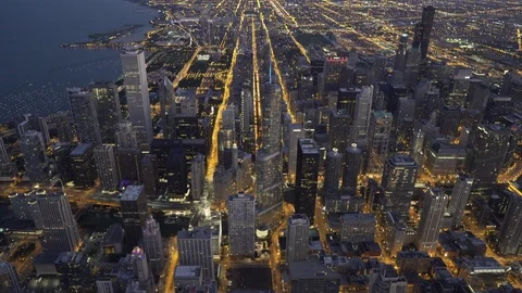 Chicago Circa-2015, wide angle aerial view orbiting the Chicago loop with Trump Video stock 98381441
