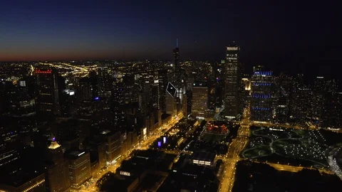 Chicago Circa-2015, wide angle aerial view of the Silhouetted Chicago Skyline Stock Footage 98381813