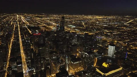 Chicago Circa-2015, wide angle aerial view of the Chicago Loop at night Stock Footage 98381899