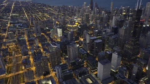Chicago Circa-2015, wide angle aerial view of the Chicago Loop at dusk Stock Footage 98658719