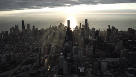 Chicago Circa-2015, wide angle aerial view of the Chicago Skyline at sunrise Stock Footage 98659227