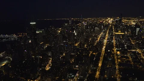Chicago Circa-2015, wide angle aerial view of Chicago Skyline at night, shot Stock Footage 98659277