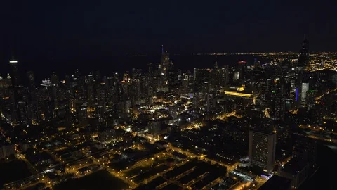 Chicago Circa-2015, wide angle aerial view of the city skyline at night shot Video stock 98664081