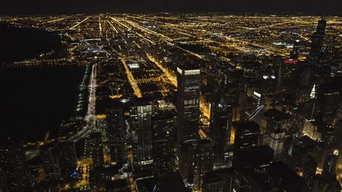 Chicago Circa-2015, wide angle aerial view rotating around the Chicago Loop at Stock Footage 98664381