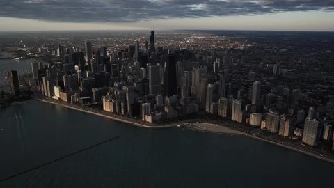 Chicago Circa-2015, wide angle morning aerial view of the Chicago skyline moving Stock Footage 98664624