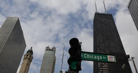 Chicago City Downtown Skyline with Street Sign in Financial District US Landmark Stock Footage