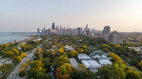 Chicago Cityscape and Lincoln Park in Fall - Aerial Shot Stock Footage