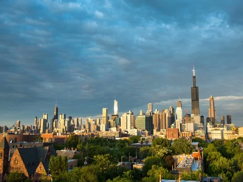 Chicago - Clouds Over City at Sunset from Roof - 4K Timelapse Stock-Footage 81156202