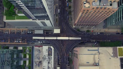 Chicago CTA Train Crossing Downtown Elevated Tracks From Above Stock Footage 345282991