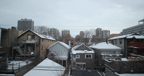 Chicago dolly moving tracking shot winter snow Stock Footage 85980320