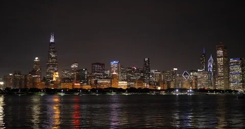 Chicago downtown buildings skyline evening sunset Lake Michigan Stock Footage