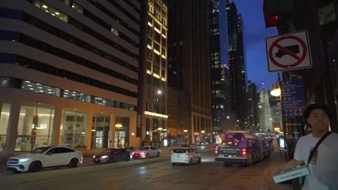 Chicago Downtown Intersection With Traffic And Modern Office Buildings At Night Video stock 336276217