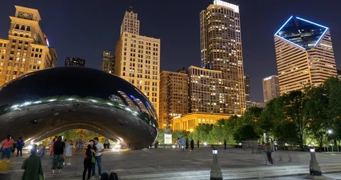 Chicago downtown Millennium Park cloud gate bean people motion timelapse night Stock Footage 115459629