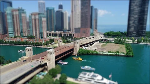 Chicago downtown skyline aerial drone video hyperlapse tilt-shift miniature Stock Footage