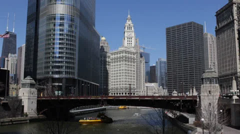Chicago Downtown Skyline John Hancock Center, Yellow Tour Boat Passing Sunny Day Video stock 24709539