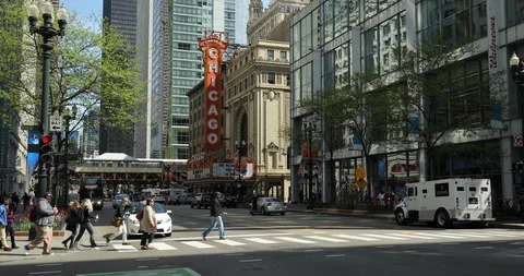 Chicago downtown street people crossing walking theater loop Stock Footage