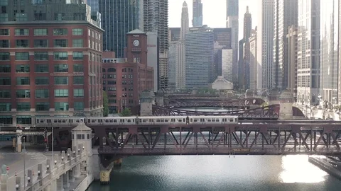 Chicago downtown train bridge river aerial dolly drone moving Stock Footage 116226768