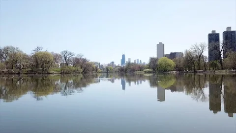 Chicago Drone over Pond Stock Footage