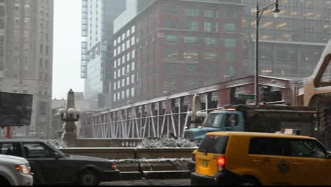 Chicago El Train Over Bridge on a Snowy Day Stock-Footage 10678442