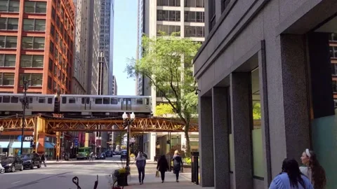 A Chicago elevated train, "the L", passes overhead looking west on Adams Street 動画素材 220468191