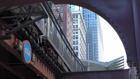 Chicago Elevated Train Near CTA Station With Downtown Skyscrapers Stock Footage 336200906