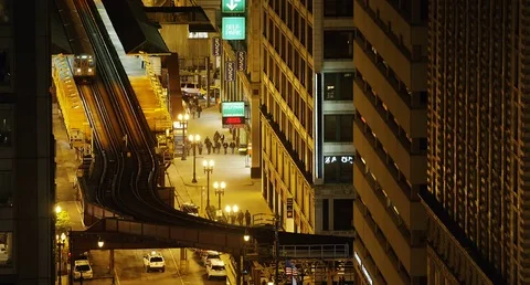 Chicago - Elevated Train at Night from Above - 4K Slow Motion Stock Footage 83277660