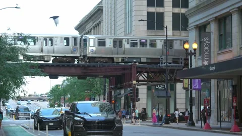 Chicago Elevated Train Passing Over Downtown Street Stock Footage 336260909