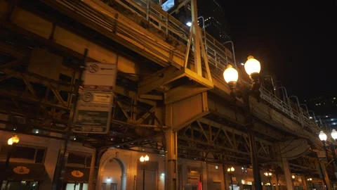 Chicago Elevated Train Tracks Above City Street At Night Stock Footage 336280366