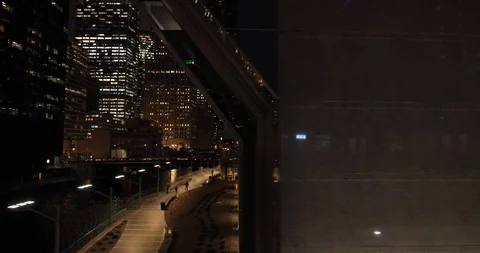 Chicago evening downtown river buildings dolly moving tracking big city Stock-Footage 86956830