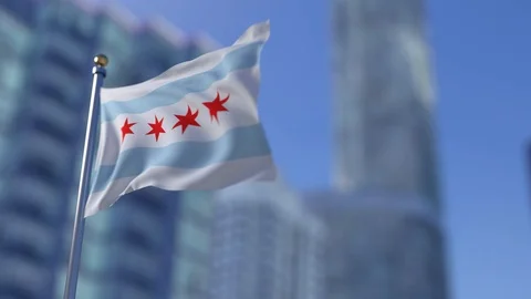 Chicago flag with buildings in the background Stock Footage 89052123