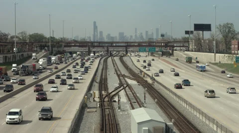 Chicago freeway traffic and rail transit system 4K Stock Footage