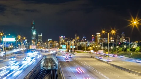 Chicago Highway at Night time lapse Skyline 4K 1080P Stock Footage 77082003