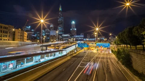 Chicago Highway at Night time lapse Skyline 4K 1080P Stock Footage 77082006