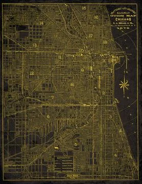 Chicago Historic Railway Guide Map Black And Gold Streets, Railroads and La.. Stock Illustration