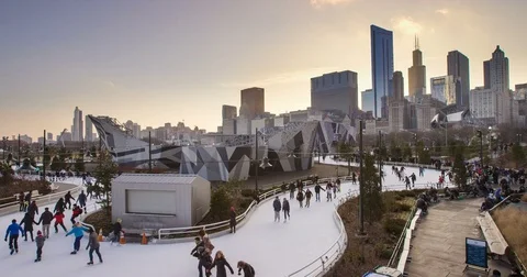 Chicago - Ice Skate Ring at Sunset - 4K Slow Motion Stock Footage 83566945